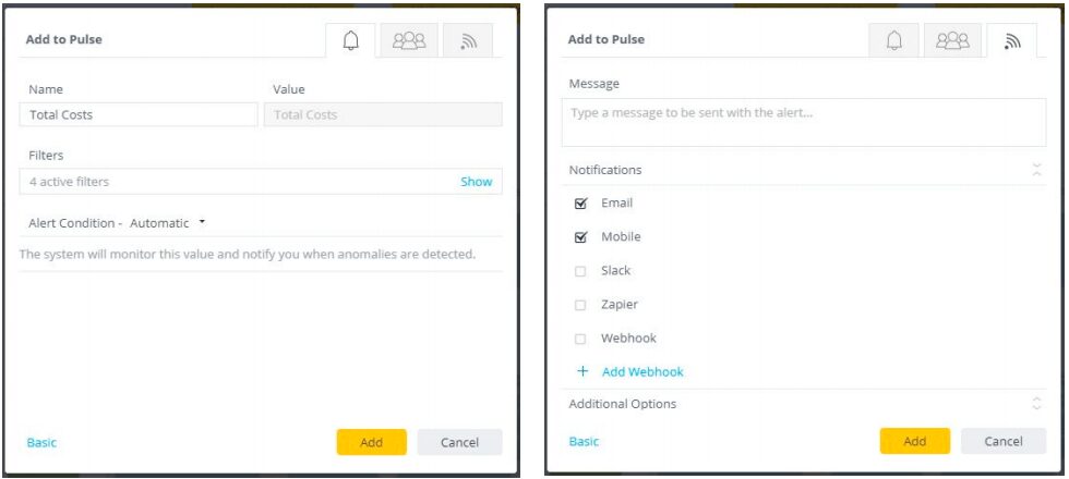 Sisense Pulse automatically detects anomalies and provides broad notification options to trigger human or machine actions, including email, mobile, Slack, Zapier, and webhooks.